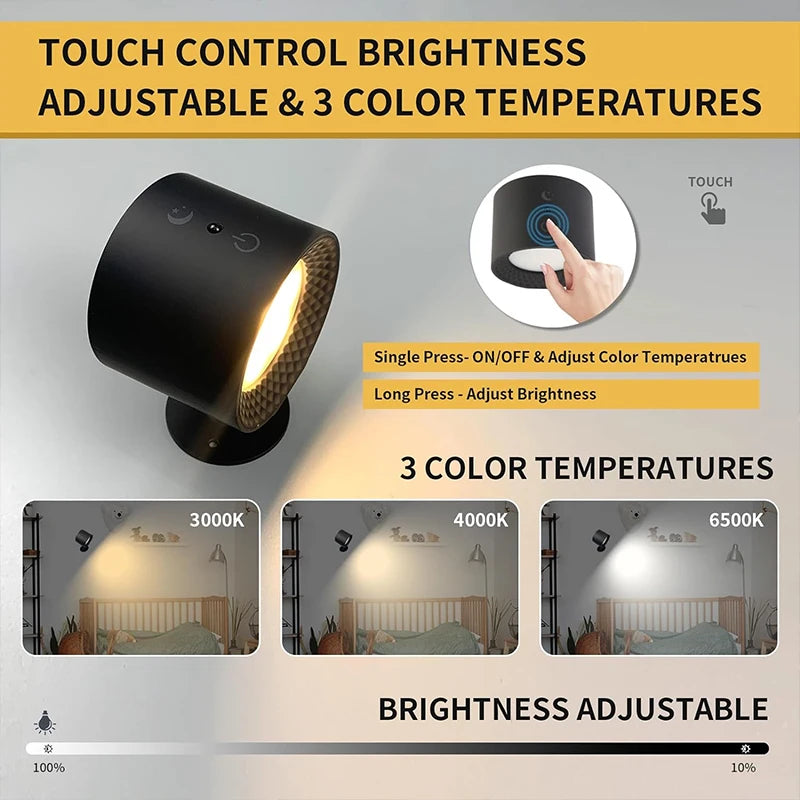 Led Double Head Wall Lamp Touch Control Remote 360 Rotatable USB Recharge Wireless Portable Night Light For Bedroom Reading Lamp